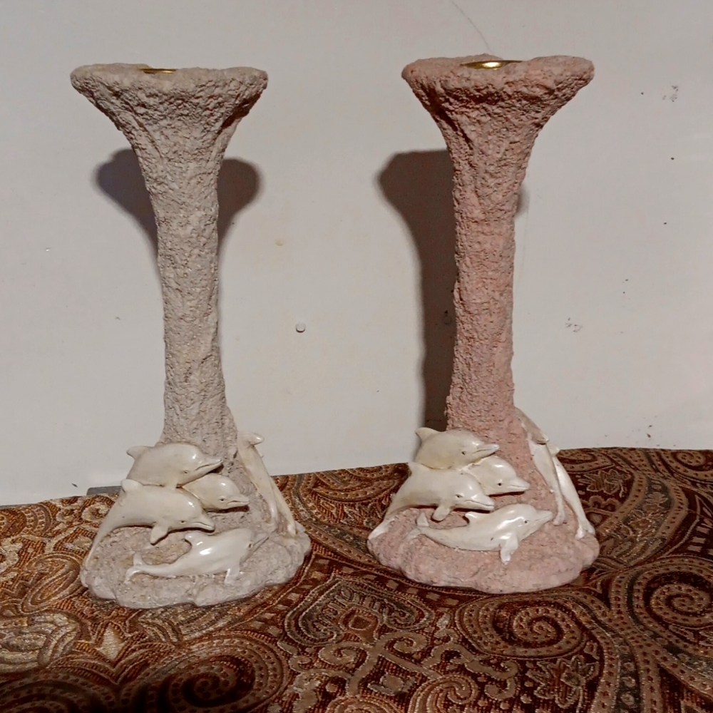 Pair of Sand Stine Candle Holders with Dolphin Motif